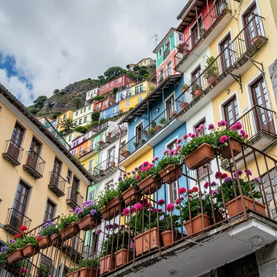 Valparaiso hillside color, painted houses climbing, Potted geraniums crowding a 