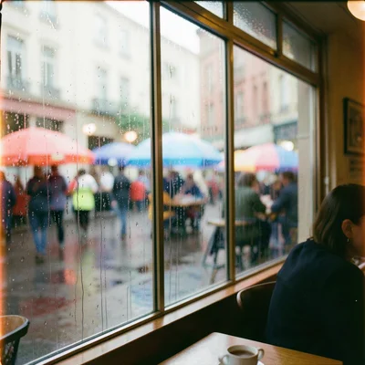 A rainy café window from inside, condensation on glass, the street outside reduc