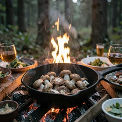 Atmospheric scene of a campfire dinner with foraged mushrooms in a cast-iron pan