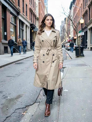 Fashion model in trench coat walking urban street