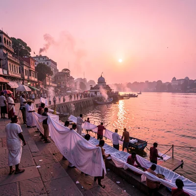 Varanasi ghat dawn, Ganges pink-gold light, washermen spreading white cloth on s
