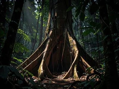 Buttress roots illuminated while surrounding forest dark