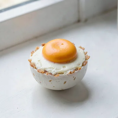 Fried oat-cream egg with a slumped yolk dome and fingernail-pressed crispy edge,