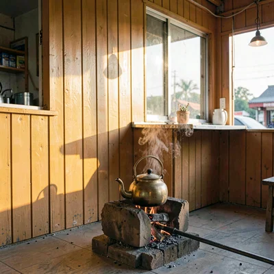a Pakistani truck-stop tea-house at clear morning, painted clapboard walls warme