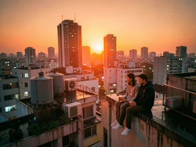 A rooftop at golden hour in a dense city, two friends sitting on the ledge of a 