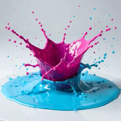 Massive paint splash frozen mid-impact, magenta hitting cyan pool, droplets susp