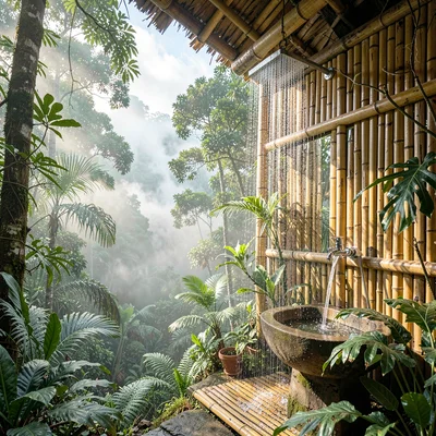 Cloud forest mist layers in Costa Rica, A sustainable bamboo bathroom with rainf