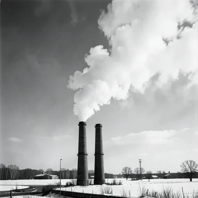 Smoke rising from a factory chimney stack against a winter sky, the plume sharp 
