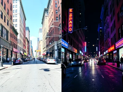 City street split vertically — bright sunny day on left, neon night on right, sa