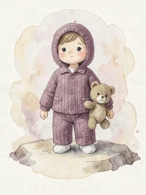 Pajama-wearing soft-plum knit bedtime-figure with a felted teddy under one arm, 