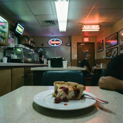 Half-eaten cherry pie under fluorescent light