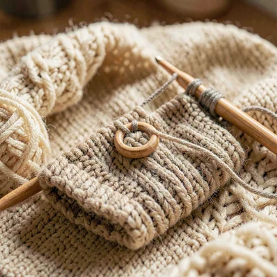 Warm macro of a half-finished sweater on circular needles resting on a wool blan