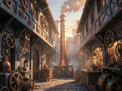 Steampunk gear market alley at dawn with a single shaft through brass-pipe steam