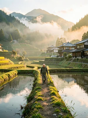 Farmer Walking Paddy Berm at Dawn