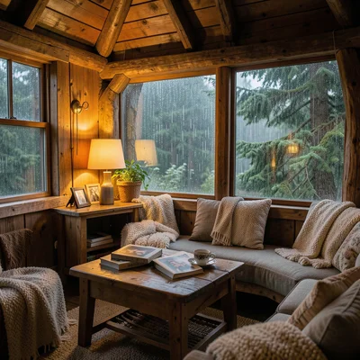 Cozy interior of treehouse during rain, warm light, books and tea, rain visible 