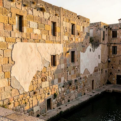 Old Jaffa time-layered, ancient port stone warmth, Layers of plaster peeling to 