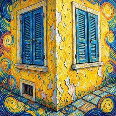 Post-impressionist Provençal intensity, emotional saturated color, Blue shutters