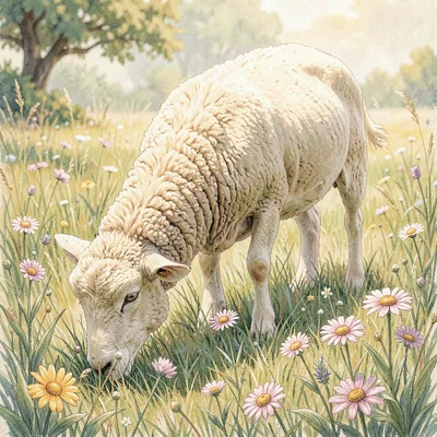 Botanical illustration of a sheep grazing in a meadow with three wildflowers in 