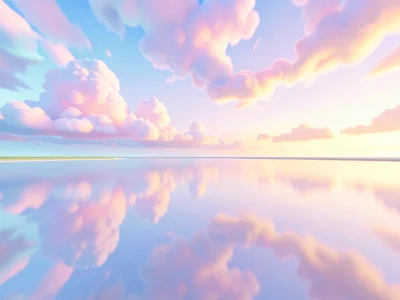 Soft empty lagoon with absolutely no foreground objects, only pastel cumulus ref