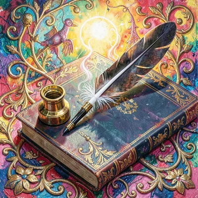 Ornate prop study of a quill set with brass inkwell and silk-bound ledger