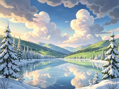 Frozen lake with snow-covered pines, dramatic winter clouds reflecting