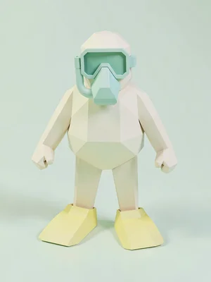 Finned cream lowpoly diver character with a faceted mint snorkel mask and chunky
