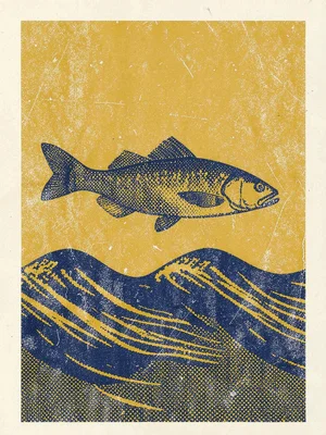 Bold screenprint poster motif of a halftone fish over a halftone wave in mustard