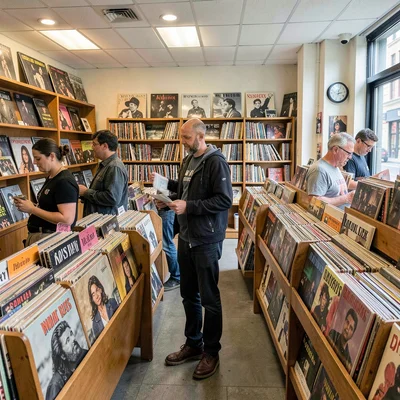 Record store vinyl browsing