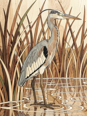 Marquetry heron in reeds