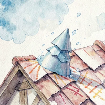 A pop-up paper hailstone tumbling onto torn-paper roof with crayon bounce marks
