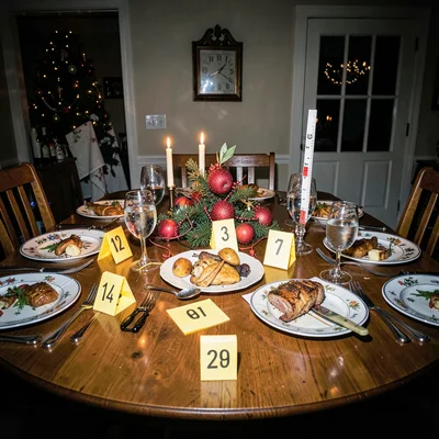Thanksgiving dinner table photographed as crime scene with numbered markers