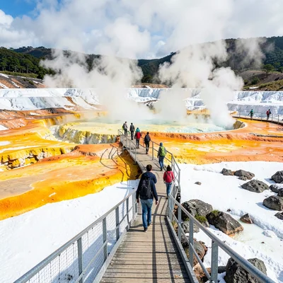 Rotorua geothermal landscape, active earth palette, Guide leading tourists along