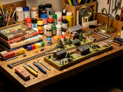 Workbench covered in supplies, paints sorted by color, reference books, magnifyi