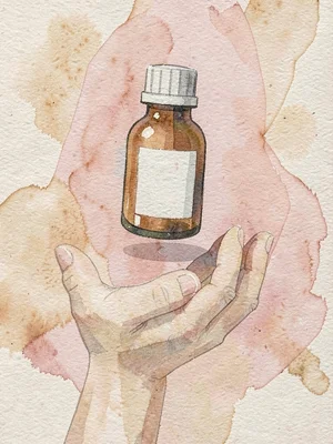 Cut-paper render of a single tincture bottle floating gently above a layered pap