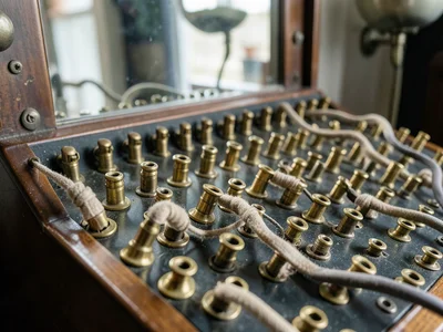 Close-up of phone switchboard with dozens of brass jack plugs and cloth cables