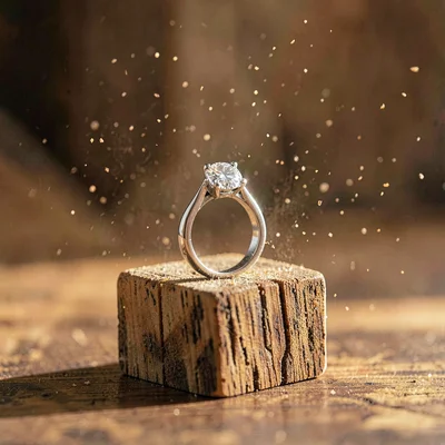 Warm still-life of a single engagement ring upright on a small wooden block, dus