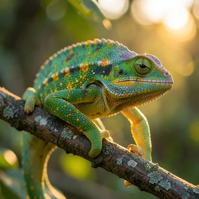 Chameleon on a branch with one eye looking at camera, vibrant green and yellow