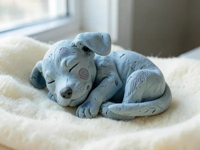 Asleep faded-blue puppy curled with one ear flopped and thumbprint cheeks, on so