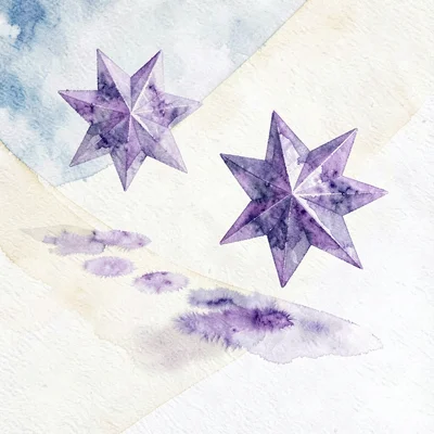 Pair of amethyst lowpoly throwing stars frozen mid-arc with violet faceted point