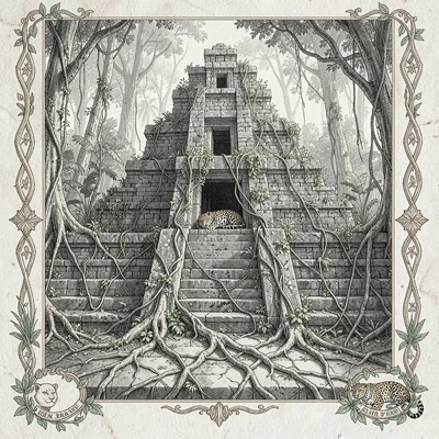 A Mayan jungle ruins overgrown-temple plan with vines climbing pyramid steps, ja