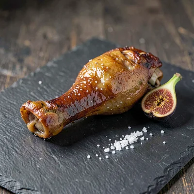 Single glistening confit duck leg on dark slate with crispy mahogany skin, a sma