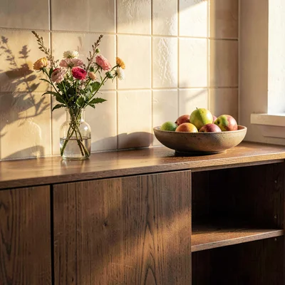 Warm ig-tile of a console with a small bouquet and bowl of fruit, gentle gold bo