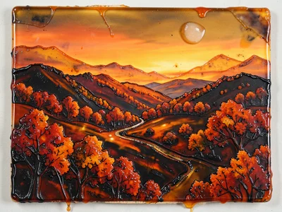 Encaustic wax painting of autumn landscape at night, orange and black layers