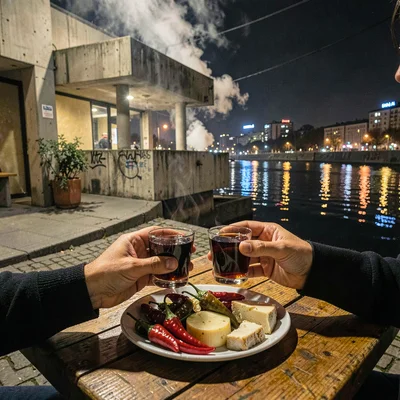 Belgrade brutalist night and Danube reflections, Rakija plum brandy in small gla
