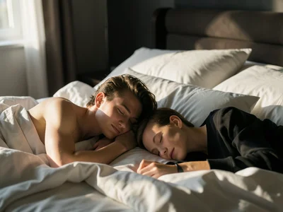 Parent and baby napping together on bed, soft afternoon light, peaceful