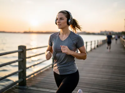 Woman with headphones jogging along a waterfront boardwalk at sunrise
