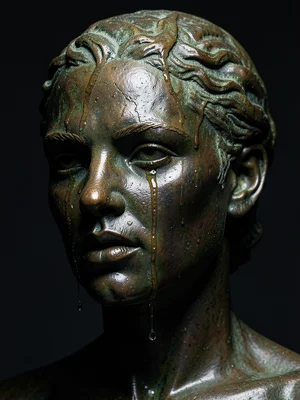 Bronze statue face with patina, one tear track of real water, emotional