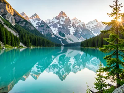 Turquoise mountain lake reflecting snow-capped peaks and fresh green pines, perf