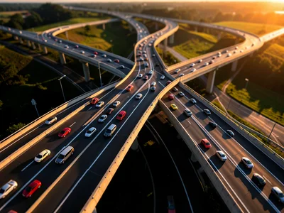 Highway interchange from above, tilt-shift, toy cars in perfect streams