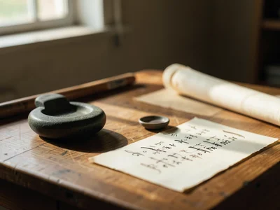 A calligrapher's desk: ink stone, brush rest, a partially written scroll, warm w